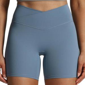 imageAoxjox Trinity Workout Biker Shorts for Women CrossWaist Crossover High Waisted Tummy Control Athletic Running Yoga Short 6quotSteel Blue