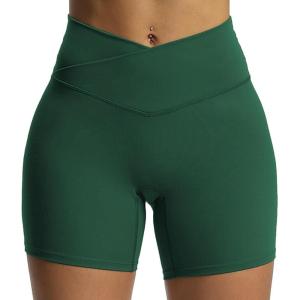 imageAoxjox Trinity Workout Biker Shorts for Women CrossWaist Crossover High Waisted Tummy Control Athletic Running Yoga Short 6quotStorm Green