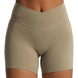 imageAoxjox Trinity Workout Biker Shorts for Women CrossWaist Crossover High Waisted Tummy Control Athletic Running Yoga Short 6quotTaupe