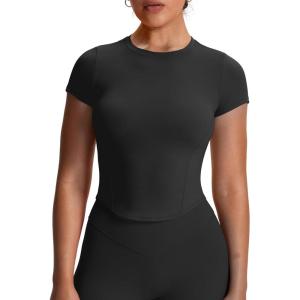 imageAoxjox Womens Short Sleeve TShirts GEO Baby Tee Workout Gym Yoga Crop TopBlack