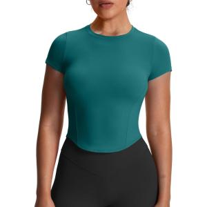 imageAoxjox Womens Short Sleeve TShirts GEO Baby Tee Workout Gym Yoga Crop TopDeep Lagoon