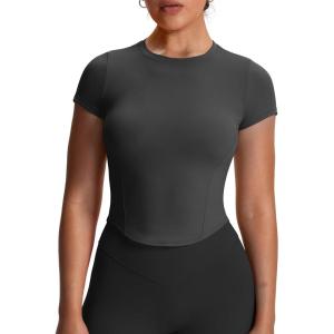 imageAoxjox Womens Short Sleeve TShirts GEO Baby Tee Workout Gym Yoga Crop TopIron Grey