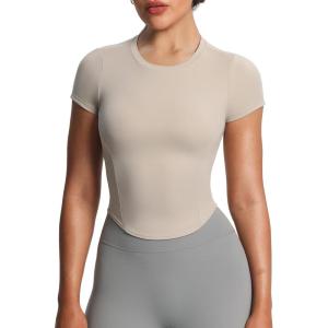 imageAoxjox Womens Short Sleeve TShirts GEO Baby Tee Workout Gym Yoga Crop TopMink