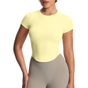 imageAoxjox Womens Short Sleeve TShirts GEO Baby Tee Workout Gym Yoga Crop TopPastel Yellow