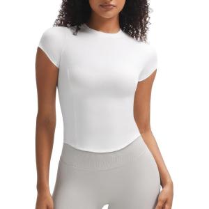 imageAoxjox Womens Short Sleeve TShirts GEO Baby Tee Workout Gym Yoga Crop TopWhite