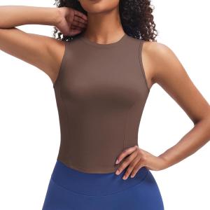 imageAoxjox Womens Sleeveless Tank Tops GEO Workout Gym Yoga Curve Longline Crop TopFudge Coffee