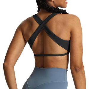 imageAoxjox Womens Workout Sports Bras Square Neck Emma Cross Back Fitness Training Gym Bra Yoga Crop TankBlack