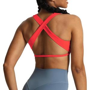 imageAoxjox Womens Workout Sports Bras Square Neck Emma Cross Back Fitness Training Gym Bra Yoga Crop TankFiery Coral