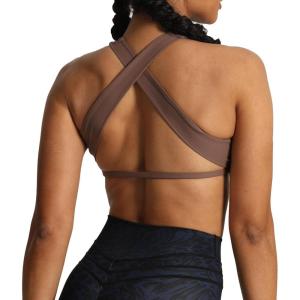 imageAoxjox Womens Workout Sports Bras Square Neck Emma Cross Back Fitness Training Gym Bra Yoga Crop TankFudge Coffee