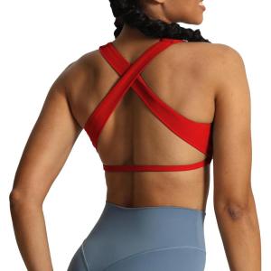 imageAoxjox Womens Workout Sports Bras Square Neck Emma Cross Back Fitness Training Gym Bra Yoga Crop TankRacing Red