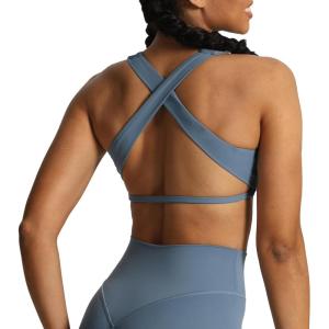 imageAoxjox Womens Workout Sports Bras Square Neck Emma Cross Back Fitness Training Gym Bra Yoga Crop TankSteel Blue