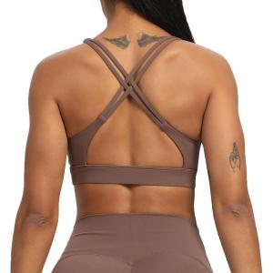 imageAoxjox Womens Workout Sports Bras Fitness MediumHigh Cross Back Sporty Bra Yoga Crop TankFudge Coffee