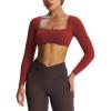 imageAoxjox Long Sleeve Crop Tops for Women Skylar Squareneck Curved Hem Workout Cropped T Shirt TopBurgundy
