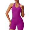 imageAoxjox Womens Sleeveless Hailey Halter Tank Tops Workout Athletics Gym Yoga Curve Longline Crop TopPurple