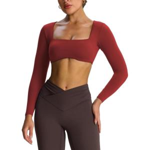 imageAoxjox Long Sleeve Crop Tops for Women Skylar Squareneck Curved Hem Workout Cropped T Shirt TopBurgundy