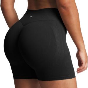 imageAoxjox Womens Lexi Lined Seamless Workout Biker Shorts High Waisted Color Block Hidden Scrunch Athletic Yoga Short 55quotBlack