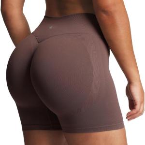 imageAoxjox Womens Lexi Lined Seamless Workout Biker Shorts High Waisted Color Block Hidden Scrunch Athletic Yoga Short 55quotFudge Coffee