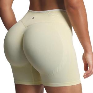 imageAoxjox Womens Lexi Lined Seamless Workout Biker Shorts High Waisted Color Block Hidden Scrunch Athletic Yoga Short 55quotPastel YellowWhite