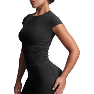 imageAoxjox Womens Cap Sleeve TShirts Crew Neck Velura Ruched Tee Without Padded Workout PlushFlex Gym Yoga Crop TopBlack