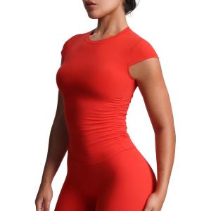 imageAoxjox Womens Cap Sleeve TShirts Crew Neck Velura Ruched Tee Without Padded Workout PlushFlex Gym Yoga Crop TopFiesta Red