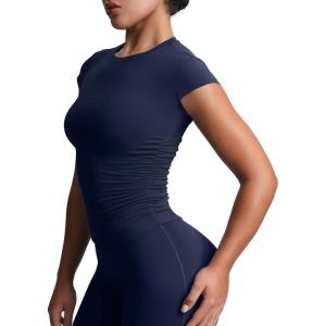 imageAoxjox Womens Cap Sleeve TShirts Crew Neck Velura Ruched Tee Without Padded Workout PlushFlex Gym Yoga Crop TopMidnight Navy