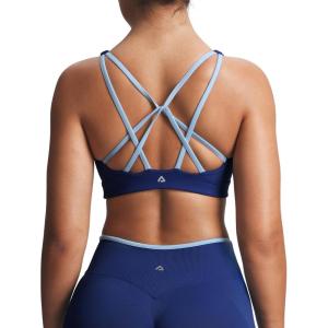 imageAoxjox Womens Workout Lexi Lined Charm Sports Bras Deep V Color Block Fitness Training Gym Yoga Crop TanksBellwether BlueAiry Blue