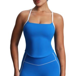 imageAoxjox Womens Workout Sleeveless Color Block Lexi Tank Tops Contrasting Strap Cross Back Yoga Curve Longline Crop TopDirectoire BlueWhite