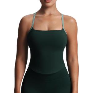 imageAoxjox Womens Workout Sleeveless Color Block Lexi Tank Tops Contrasting Strap Cross Back Yoga Curve Longline Crop TopForest GreenSage Green