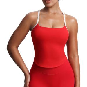 imageAoxjox Womens Workout Sleeveless Color Block Lexi Tank Tops Contrasting Strap Cross Back Yoga Curve Longline Crop TopRacing RedWhite