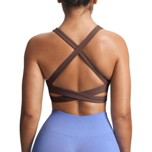 imageAoxjox Womens Workout Sports Bras Square Neck Emma Longline Cross Back High Impact Fitness Training Gym Yoga Crop TankFudge Coffee