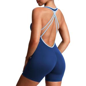 imageAoxjox Workout Rompers for Women Halter Cross Back One Piece Gym Yoga Sports Bras Lexi Lined Bodysuit ShortsBellwether BlueAiry Blue