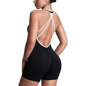 imageAoxjox Workout Rompers for Women Halter Cross Back One Piece Gym Yoga Sports Bras Lexi Lined Bodysuit ShortsBlack and White