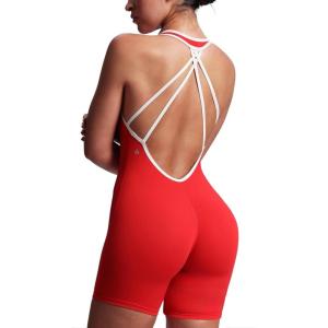 imageAoxjox Workout Rompers for Women Halter Cross Back One Piece Gym Yoga Sports Bras Lexi Lined Bodysuit ShortsRacing RedWhite