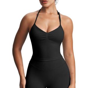 imageAoxjox Workout Seamless Sleeveless for Women Adjustable Halter Impact Longline Strappy Top Gym Yoga Crop TanksBlack