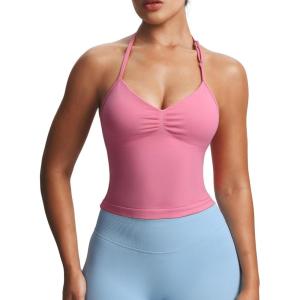 imageAoxjox Workout Seamless Sleeveless for Women Adjustable Halter Impact Longline Strappy Top Gym Yoga Crop TanksSakura Pink