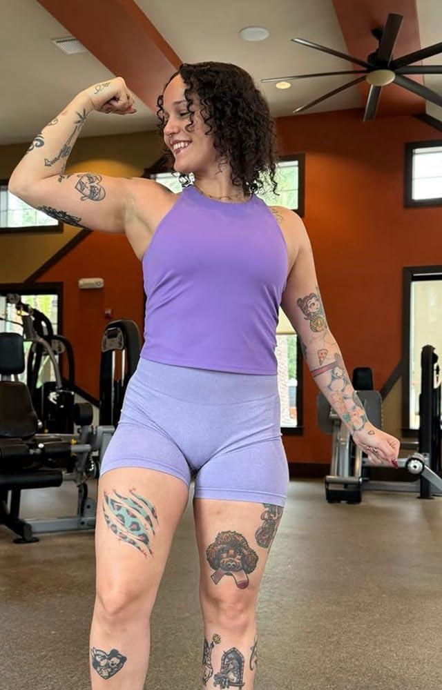 imageAoxjox Booty Contour Seamless Workout Biker Shorts for Women Tummy Control High Waisted Athletic Running Yoga Short 5quotLilac Marl Not Squat Proof But Cute
