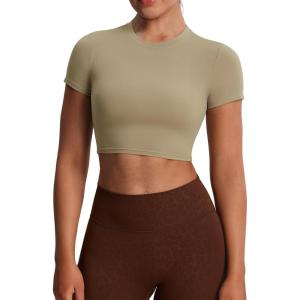 imageAoxjox Short Sleeve Crop Tops for Women Classic Longline Baby Tee Workout T Shirt TopTaupe