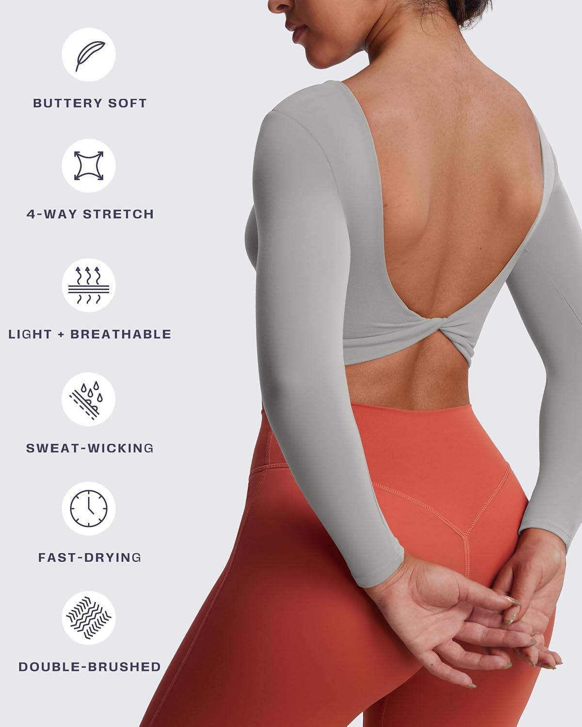 imageAoxjox Long Sleeve Crop Tops for Women Emma Twist Back Workout Cropped T Shirt TopGrey