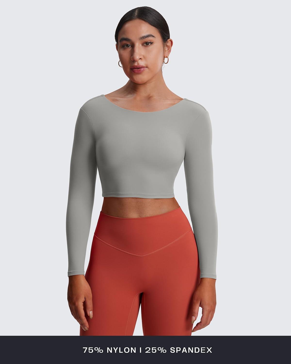 imageAoxjox Long Sleeve Crop Tops for Women Emma Twist Back Workout Cropped T Shirt TopGrey