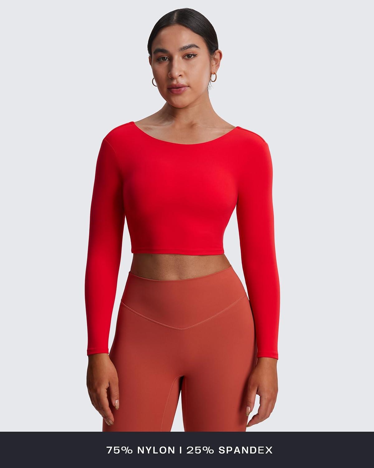 imageAoxjox Long Sleeve Crop Tops for Women Emma Twist Back Workout Cropped T Shirt TopRacing Red