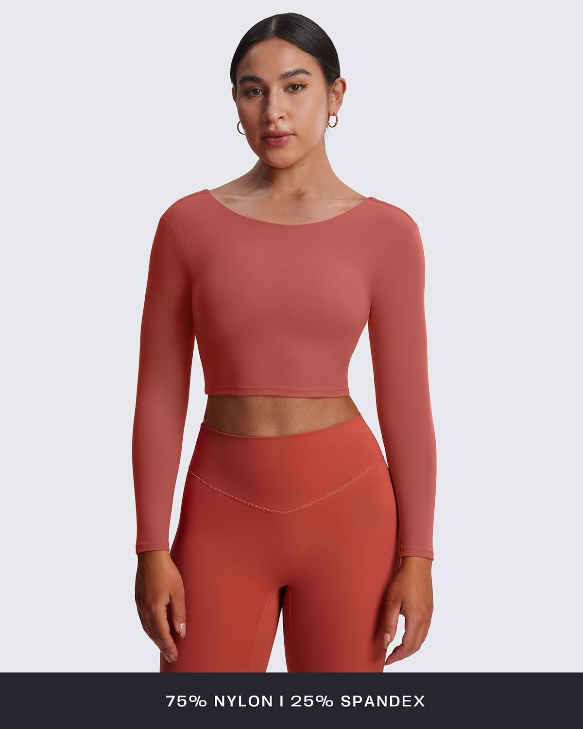 imageAoxjox Long Sleeve Crop Tops for Women Emma Twist Back Workout Cropped T Shirt TopRust Red