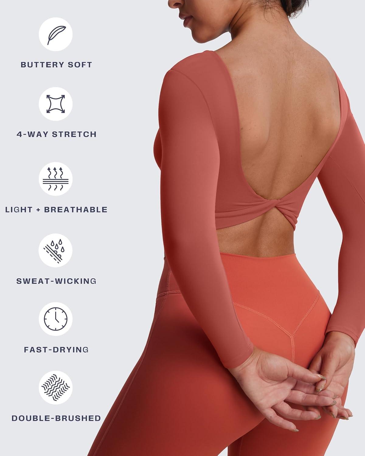 imageAoxjox Long Sleeve Crop Tops for Women Emma Twist Back Workout Cropped T Shirt TopRust Red