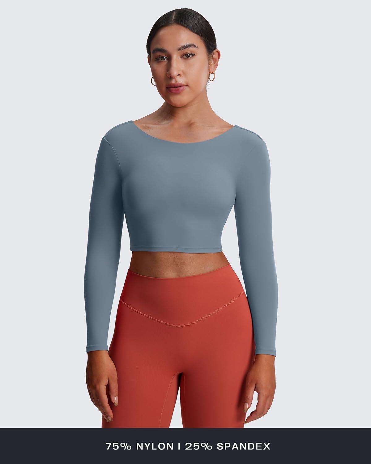 imageAoxjox Long Sleeve Crop Tops for Women Emma Twist Back Workout Cropped T Shirt TopSteel Blue