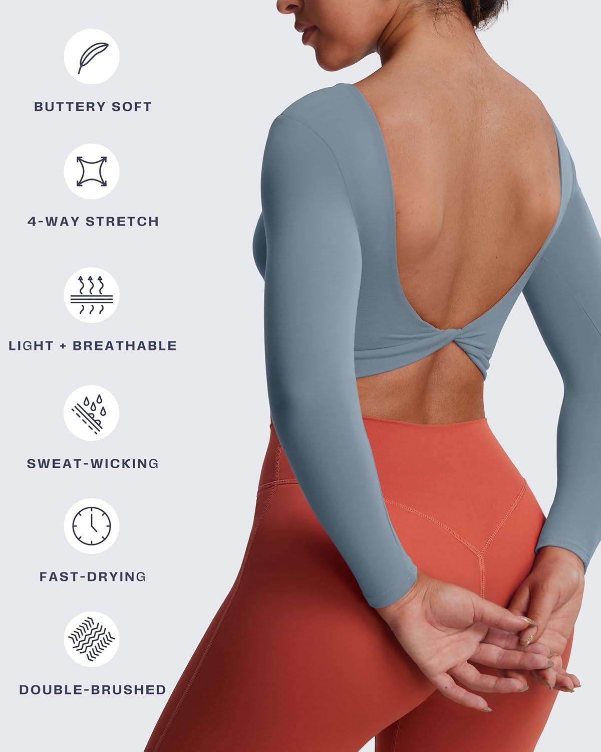 imageAoxjox Long Sleeve Crop Tops for Women Emma Twist Back Workout Cropped T Shirt TopSteel Blue