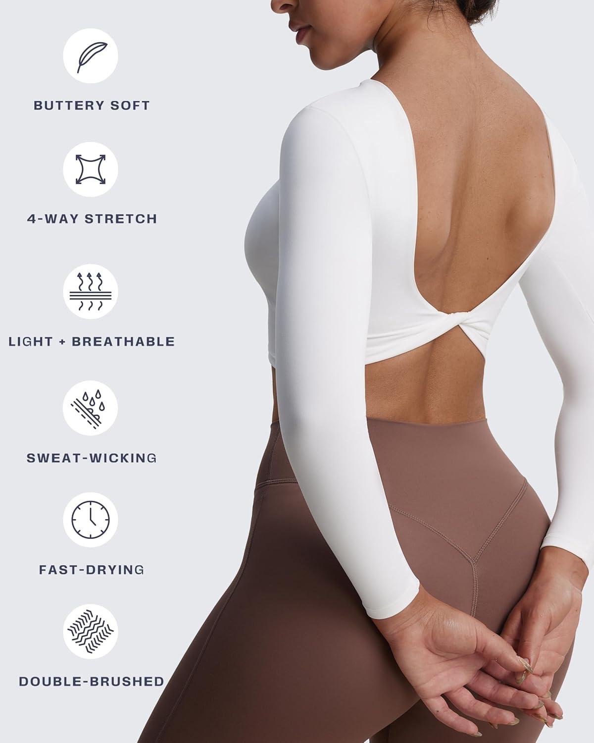 imageAoxjox Long Sleeve Crop Tops for Women Emma Twist Back Workout Cropped T Shirt TopWhite