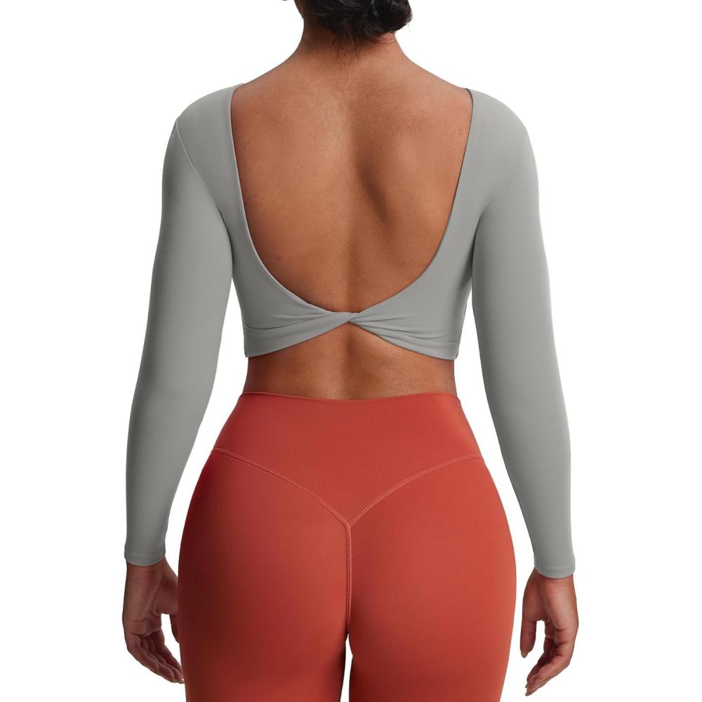 imageAoxjox Long Sleeve Crop Tops for Women Emma Twist Back Workout Cropped T Shirt TopGrey