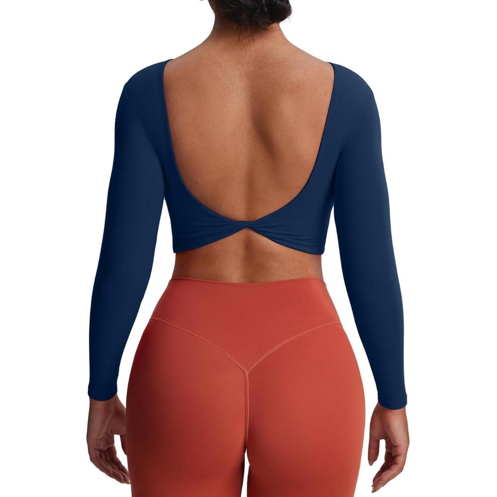 imageAoxjox Long Sleeve Crop Tops for Women Emma Twist Back Workout Cropped T Shirt TopNavy