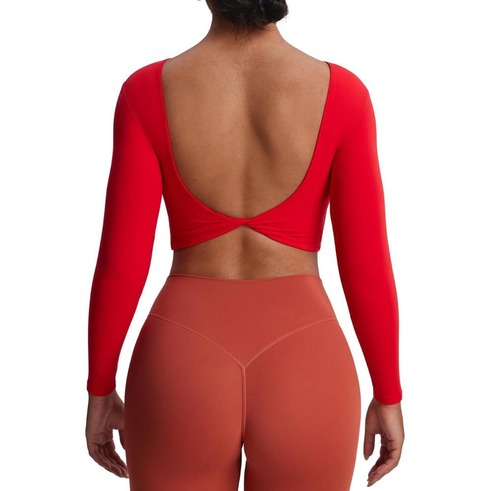imageAoxjox Long Sleeve Crop Tops for Women Emma Twist Back Workout Cropped T Shirt TopRacing Red