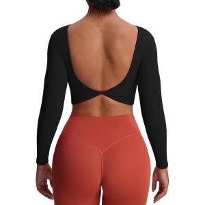 imageAoxjox Long Sleeve Crop Tops for Women Emma Twist Back Workout Cropped T Shirt TopBlack