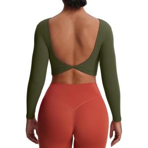imageAoxjox Long Sleeve Crop Tops for Women Emma Twist Back Workout Cropped T Shirt TopOlive Green